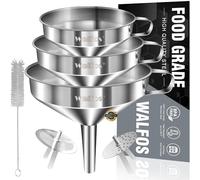 Walfos Lot de 3 entonnoirs de cuisine en acier inoxydable (14 cm + 12 cm + 10 cm) avec 2 filtres passoires amovibles pour transfert de liquide, huiles de cuisson, confiture et 1 brosse de nettoyage