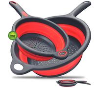 Walfos Passoire à pâtes en silicone - Passoire pliable avec poignée, lot de 2, passoires de cuisine peu encombrantes, 1.5 L, 2 L, sans BPA et passe au lave-vaisselle, légumes, fruits (rouge)