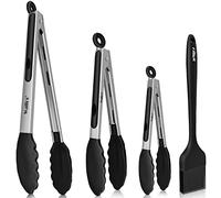 Walfos Set de 4 pinces de cuisine résistantes à la chaleur - Poignée en acier inoxydable et embouts en silicone antiadhésif, brosse en silicone de 21 cm - Pour la cuisine, le buffet,18, 23, 30,5 cm