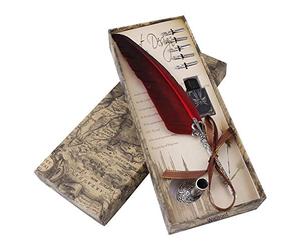 Walfront Stylo Dip à Plume Plume d'Oie 0.5mm Stylo-pinceau avec Plume d'Oie Taillée Stylo Meilleur Exécutif Antique (Bouteille d'encre vide) (Red)