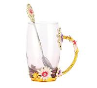 Walfront Tasse à café en Verre, Verres à Fleurs Uniques Faits à la Main, Comprend une Cuillère et un Chiffon, Parfait pour le Bureau à Domicile et le Restaurant (Façon chrysanthème marron 350ML)