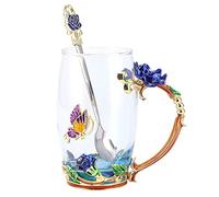 Walfront Tasse à café en Verre, Verres à Fleurs Uniques Faits à la Main, Comprend une Cuillère et un Chiffon, Parfait pour le Bureau à Domicile et le Restaurant (Rose Bleue 350ML)