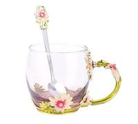 Walfront Tasse à café en Verre, Verres à Fleurs Uniques Faits à la Main, Comprend une Cuillère et un Chiffon, Parfait pour le Bureau à Domicile et le Restaurant (Chrysanthème Vert 320ML)