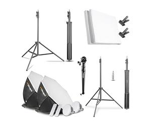 Walimex Pro Kit studio photo de qualité supérieure avec 2 trépieds de lampe avec 2 LED 45 W octogonale Ø 65 cm bicolore et système de fond télescopique complet de 120 à 307 cm avec fond en tissu blanc