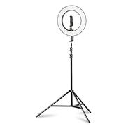 Walimex pro Lampe annulaire LED 380 Bi Color Plus Trépied - Lampe annulaire LED moderne, Ø 38 cm, dimmable, 3200-5600K, fonctionne sur accu NP-F ou adaptateur secteur, avec pied de lampe stable 260 cm