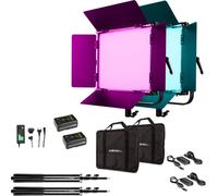 Walimex pro LED Rainbow 50W RGBWW Set - composé de 2 lampes, volets de protection, bloc d'alimentation, sac de transport et de rangement, 2 pieds de lampe avec spigot et adaptateur, batterie et charge