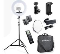 Walimex pro Medow 960 Pro Kit éclairage annulaire LED y compris trépied & batteries NP-F, lampe annulaire bicolore, lampe vidéo variable avec télécommande 96 W, pied de lampe avec amortisseur à ressor