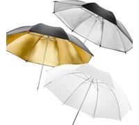Walimex pro Set de Parapluies Réflecteurs & Diffuseurs 109 cm, Lot de 3, Diffuseur blanc Réflecteur doré Réflecteur argenté, Parapluies photo pour différents styles d'éclairage