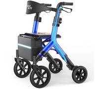 WALK MATE Déambulateur 4 Roues Pliable Léger, Rollator en Aluminium Léger avec Siège, Roues 25 cm Tout-Terrain, Siège et Hauteur Réglables pour Personnes jusqu'à 2 m (bleu)