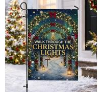 Walk Through Christmas Lights Drapeau de jardin 30,5 x 45,7 cm | Arches à feuilles persistantes, drapeau de pelouse, chemin enneigé, lanternes lumineuses, nœuds rouges