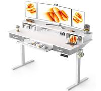 WALKINGDESK Bureau Assis Debout Électrique avec Plateau pour Clavier, 140 x 60 cm Bureau Réglable en Hauteur avec Support d'écran, Standing Desk avec 2 Tiroir, Crochets, Blanc