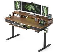 WALKINGDESK Bureau Assis Debout Électrique avec Plateau pour Clavier, 140 x 60 cm Bureau Réglable en Hauteur avec Support d'écran, Standing Desk avec 2 Tiroir, Crochets, Noyer Noir