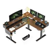 WALKINGDESK Bureau électrique en L avec 3 Tiroir, 160 x 140 cm Bureau d'angle Assis Debout avec Support d'écran, Ergonomique Bureaux Réglable en Hauteur, Standing Desk avec 2 Crochet, Noyer Noir