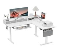 WALKINGDESK Bureau électrique en L plateau avec pour clavier, 160 x 140 cm Bureau D'angle Assis Debout avec Support d'écran, Ergonomique Bureaux Réglable en Hauteur, Standing Desk avec 3 Tiroir, Blanc