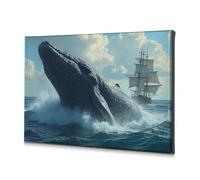 Wall Art A Giant Whale Breaches The Ocean Near A Sailing Ship Tableau décoratif sur toile Décoration de salle de bain (20 x 30 cm)