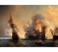 Wall Art Impression sur Toile murales en toile la reproduction Théodore Gudin Attaque de la flotte anglaise par le comte De Tourville et Jean Bart à Smyrne pour la décoration intérieure 60x90cm
