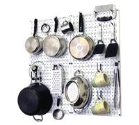 Wall Control Kitchen Pegboard Organizer Pots and Pans Storage Rack Organization Kit with White Pegboard and Black Accessories