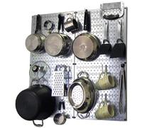 Wall Control Organisateur de cuisine pour plaques perforées, casseroles et poêles, tableau perforé, kit de rangement et d'organisation avec panneau perforé argenté métallique et accessoires blancs