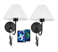 Wall Light, Wall Lamp, Fabric Shade with and Plug Indoor Wall Lamp USB + Type-C Charging Port with Plug in Bedside Lamp Socket for Bedroom Living Room (2pcs)