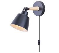 Wall Light, Wall Lamp, Indoor Wall Lamp with Plug and on/Off Switch Wall Spotlights Adjustable Wooden Bedside Reading Lights for Bedroom Living Room Office Study Hallway,Black