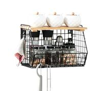 Wall Mounted Basket, Wire Bin, 11.81x8.66x6.3 Inches Stackable Gear with Wood Lid, Under Sink Set with Easy Storage, Home Accessories for Produce Potatoes Fruits Vegetables Bread Snacks Kitchen Pantry