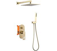 Wall Mounted Brushed Gold Brass Shower Taps Set with 8-12" Brass Square Rainfall Shower Head and Handheld Shower, Shower Set,10 inch