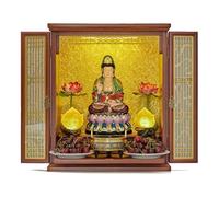 Wall Mounted Desktop Buddhist Altar Cabinet with Bi-Fold Lattice Doors Hidden Pull Out Tray Golden Background Butsudan Pooja Statue Display Shrine(Red Sandalwood,E)