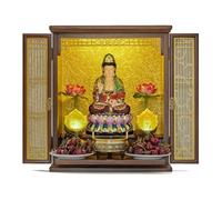 Wall Mounted Desktop Buddhist Altar Cabinet with Bi-Fold Lattice Doors Hidden Pull Out Tray Golden Background Butsudan Pooja Statue Display Shrine(Black Walnut,F)
