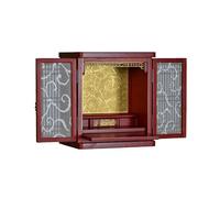 Wall Mounted Desktop Buddhist Altar Cabinet with Bi-Fold Lattice Doors Hidden Pull Out Tray Golden Background Butsudan Pooja Statue Display Shrine(Red Sandalwood,A)