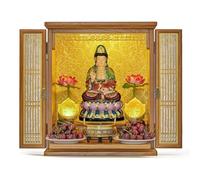 Wall Mounted Desktop Buddhist Altar Cabinet with Bi-Fold Lattice Doors Hidden Pull Out Tray Golden Background Butsudan Pooja Statue Display Shrine(Wood,E)