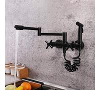 Wall Mounted Kitchen Faucet with Sprayer, Hot and Cold Water, Swivel, All Copper, Spring-Loaded, Double Handle, Black Folding Kitchen Faucet.