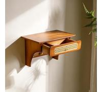 Wall-Mounted Meditation Altar Table, Altar Shelf with Pull-out Tray | Rattan Craftwork, Buddhist Shrine, Space-Saving Buddha Statue Stand for Small Spaces(B,50cm/19.7in)