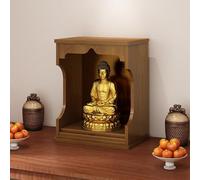 Wall-Mounted Statue Stand Shrine Altar Table, Altar shelf,Household Wood Buddha Cabinet Niche with Drawer Buddhist Offering Niche for Pooja and Incense Tribute(Walnut,Small)