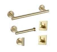 Wall Mounted Towel Rail, Set of 5 Bathroom Bracket Accessories, 304 Stainless Steel Toilet Roll Holder and Bathrobe Hooks(Gold)