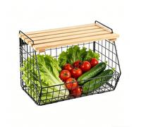 Wall Mounted Wire Basket - Iron Storage Bin, Potato Fruit Keeper for Produce, Stackable Kitchen Lid, Wood Top Organizer with Natural Grain Lid, Versatile Pantry Tray for Food Airflow Storage