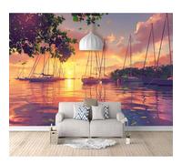 Wall Mural 3D Sunset scenery over the sea on sailing in the harbor 100x70cm Art Decor Large Murals for Walls Living Room Bedroom Self-adhesive Wallpaper Paintings Decoration