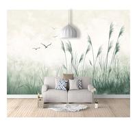 Wall Mural Photo Self-adhesive Wallpaper Watercolor reeds, hay, birds, cyan 100x70cm Large Sticker Decor Print Picture Design Art for Walls Living Room Bedroom TV Background