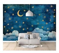 Wall Mural Self-adhesive Wallpaper 3D Golden moon, stars, blue sky 100x70cm For Living Room Bedroom Tv Background Office Restaurant Motif Stickers