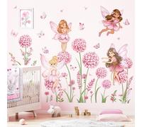 Wall Stickers Girl Flower Fairy Wall Sticker Dandelion Floral Pink Butterfly Elves Wall Decoration Bedroom Kids Baby Nursery Living Room