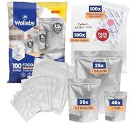 Wallaby Lot de 100 sacs en mylar à soufflet - Pochettes à fermeture éclair multi-taille 7,5 mil et 5 mil, 100 absorbeurs d'oxygène 400 cc, 100 étiquettes - Stockage alimentaire à long terme Argent Paquet de 100