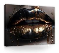 WallArena - Impression sur toile - Lèvres - 100x70 cm - Tableau decoration murale - Tableau mural XXL grand format pour salon, chambre à coucher - Impression artistique - Or Glamour