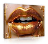 WallArena - Impression sur toile - Lèvres - 120x80 cm - Tableau decoration murale - Tableau mural XXL grand format pour salon, chambre à coucher - Impression artistique - Or Glamour