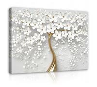 WallArena Impression sur toile - Motif abstrait - Fleurs - Arbre doré et fleurs blanches - 120 x 80 cm - Tableau mural XXL grand format pour salon, chambre à coucher, salon
