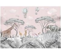 WallArena - Papier peint panoramique intissé für Mädchen und Jungen Animaux de la jungle 350x250 cm - Papier peint photo non tissé - Pour salon et chambre à coucher - Effet 3D - forêt rose blanche