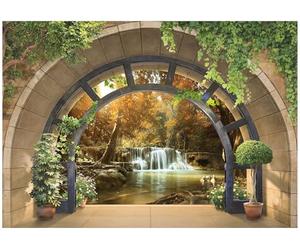 WallArena - Papier peint panoramique intissé Vue sur la cascade par la fenêtre 400x280 cm - Papier peint photo non tissé - Pour salon et chambre à coucher - Effet 3D - Avec colle - Forêt paysagère