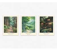 Wallbuddy Ensemble De 3 Affiches De Paysages Japonais - Mori No Sasayaki, Midori No Ibuki, Kaze No Sasayaki - Forêt, Bosquet De Bambous, Maison Traditionnelle Japonaise Art Mural (40 x 50 cm Unframed)