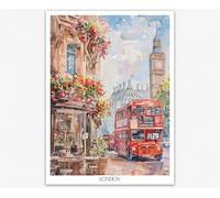 Wallbuddy Londres Bus Rouge Scène De Rue Affiche Murale - Peinture Aquarelle Tour Big Ben Et Art Mural Classique À Double Étage - Impression Urbaine De Voyage (30 x 40 cm Unframed)