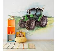 Wallepic Papier peint photo non tissé - Motif tracteur vert nature - 270 x 180 cm - Moderne - XXL - Ciel abstrait - Pour salon, chambre, bureau, couloir - Multicolore - Dimensions : 270 x 180 cm
