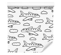 Wallero Papier peint intissé Noir - avions blancs avec nuages 50×1000 cm