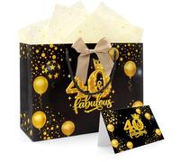 WALLFID Bolsa de regalo de cumpleaños negra y dorada, envoltorio elegante con tarjeta, 2 hojas de papel de seda de 50 x 70 cm y cinta, para fiesta, sorpresa y amigos (40. Geburtstag)